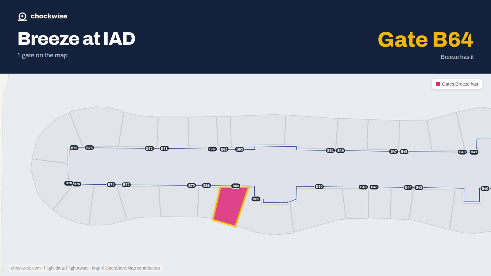 Map of IAD with the gates Breeze Airways uses highlighted: B64.