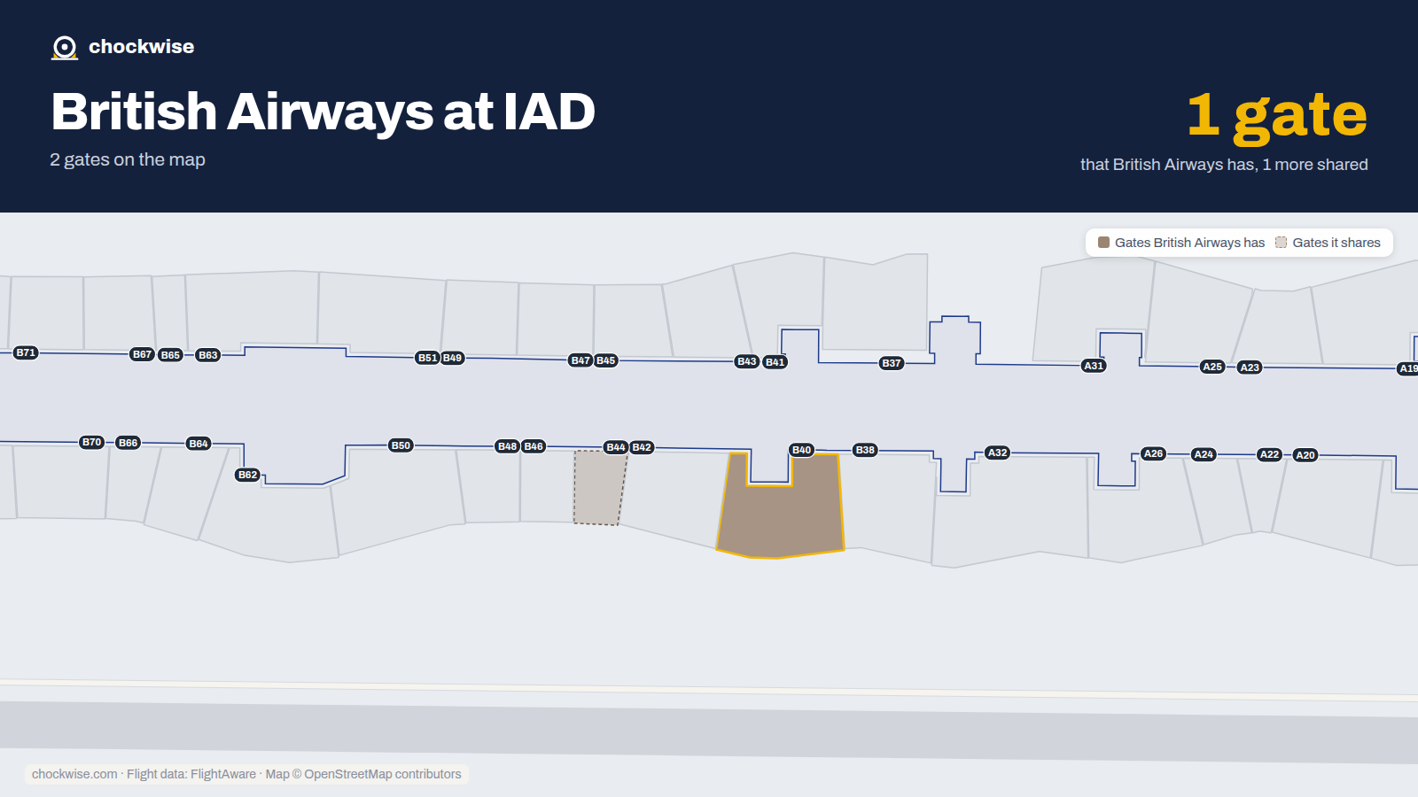Map of IAD with the gates British Airways uses highlighted: B40.