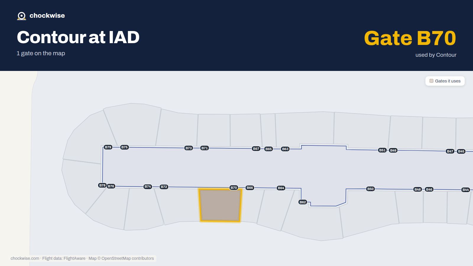 Map of IAD with the gates Contour Airlines uses highlighted: B70.