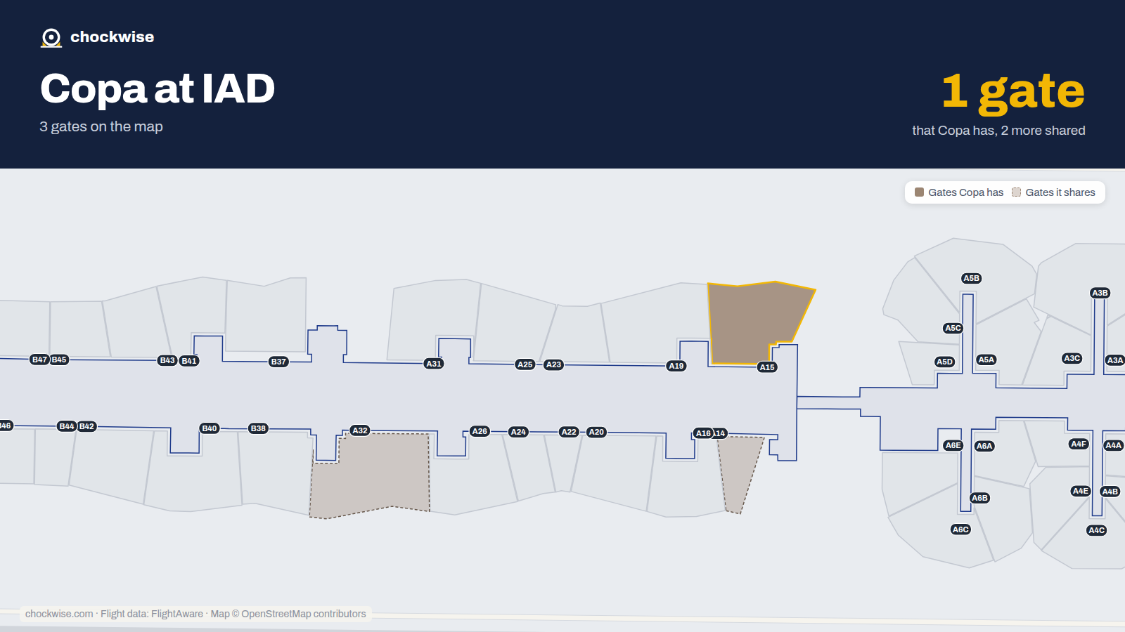 Map of IAD with the gates Copa Airlines uses highlighted: A15.