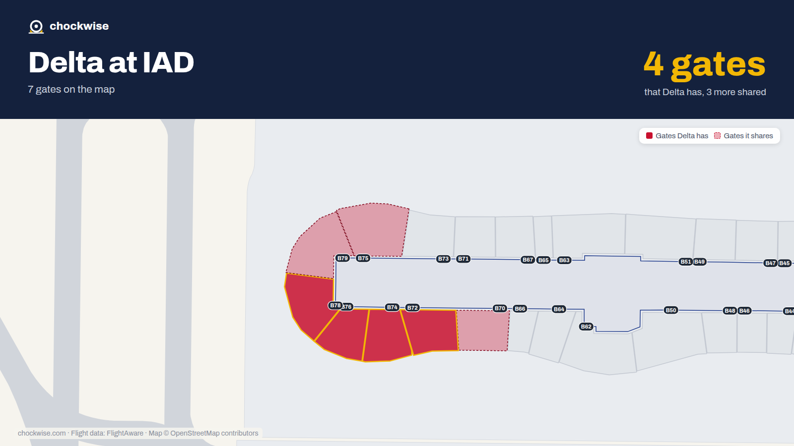 Map of IAD with the gates Delta Air Lines uses highlighted: B72, B74, B76 and B78.