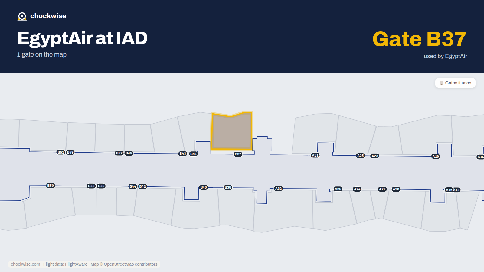 Map of IAD with the gates EgyptAir uses highlighted: B37.