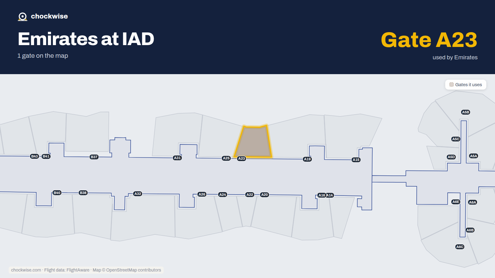 Map of IAD with the gates Emirates uses highlighted: A23.