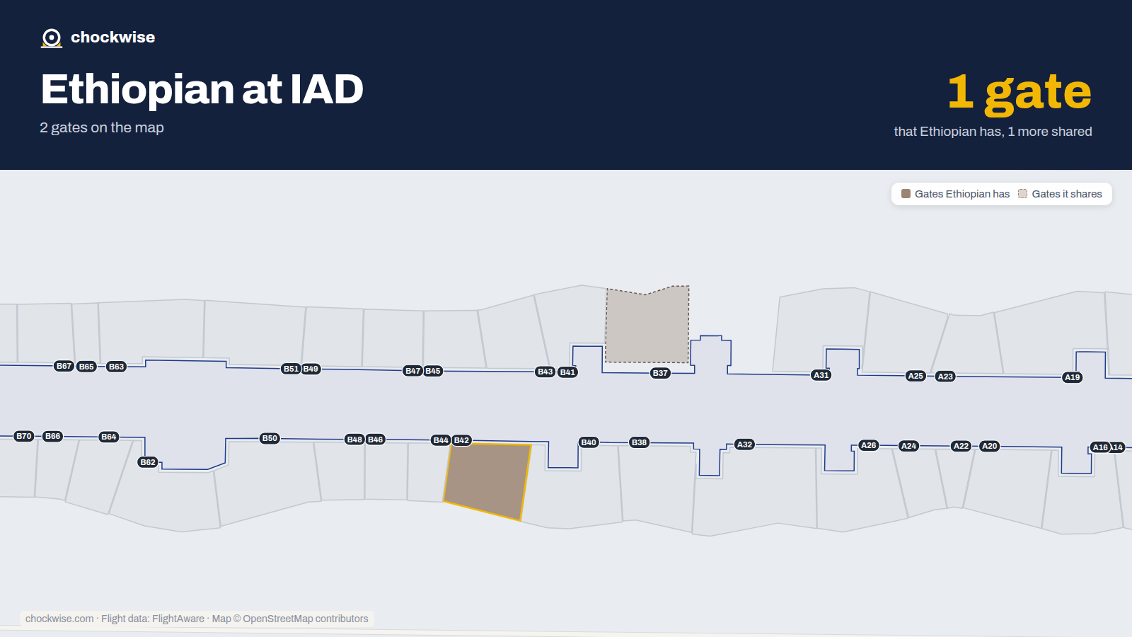 Map of IAD with the gates Ethiopian Airlines uses highlighted: B42.