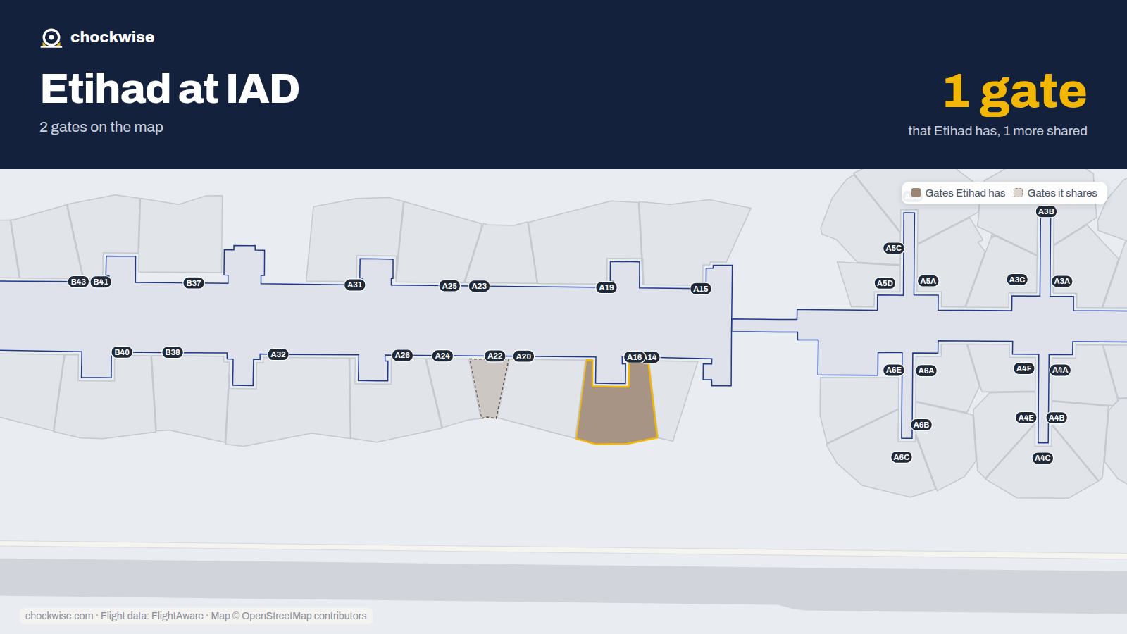 Map of IAD with the gates Etihad Airways uses highlighted: A16.