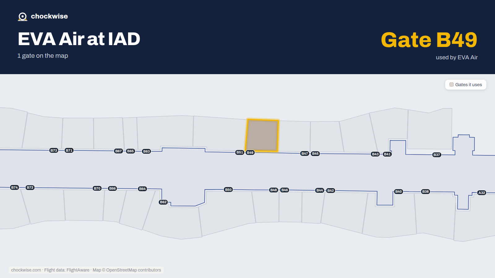 Map of IAD with the gates EVA Air uses highlighted: B49.