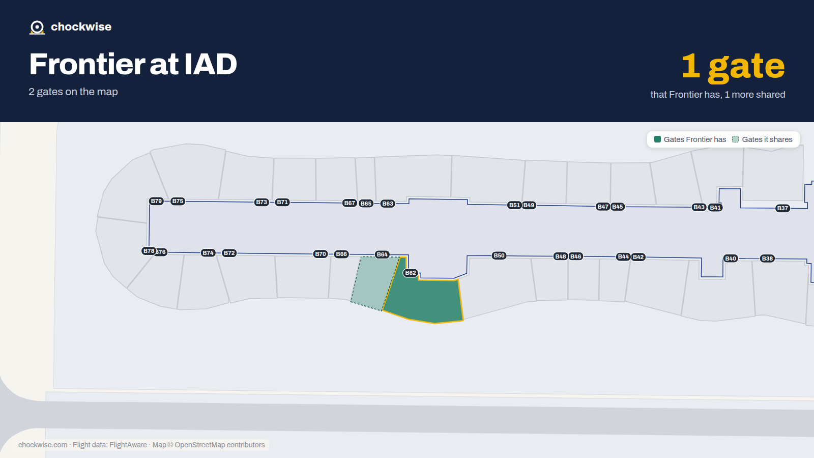 Map of IAD with the gates Frontier Airlines uses highlighted: B62.