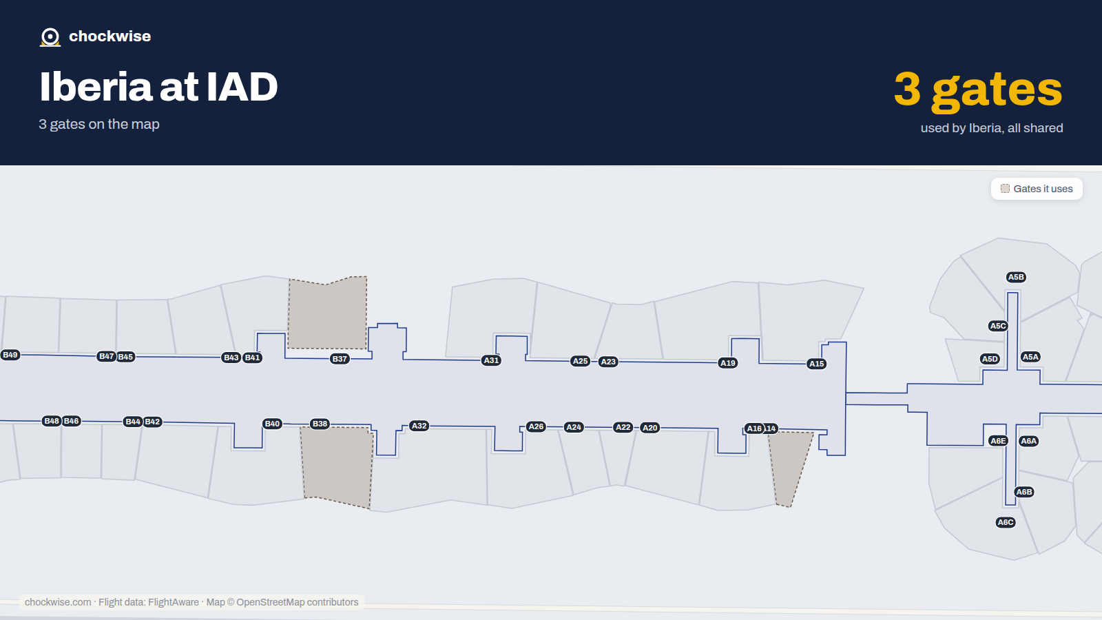 Map of IAD with the gates Iberia uses highlighted: A14, B37 and B38.