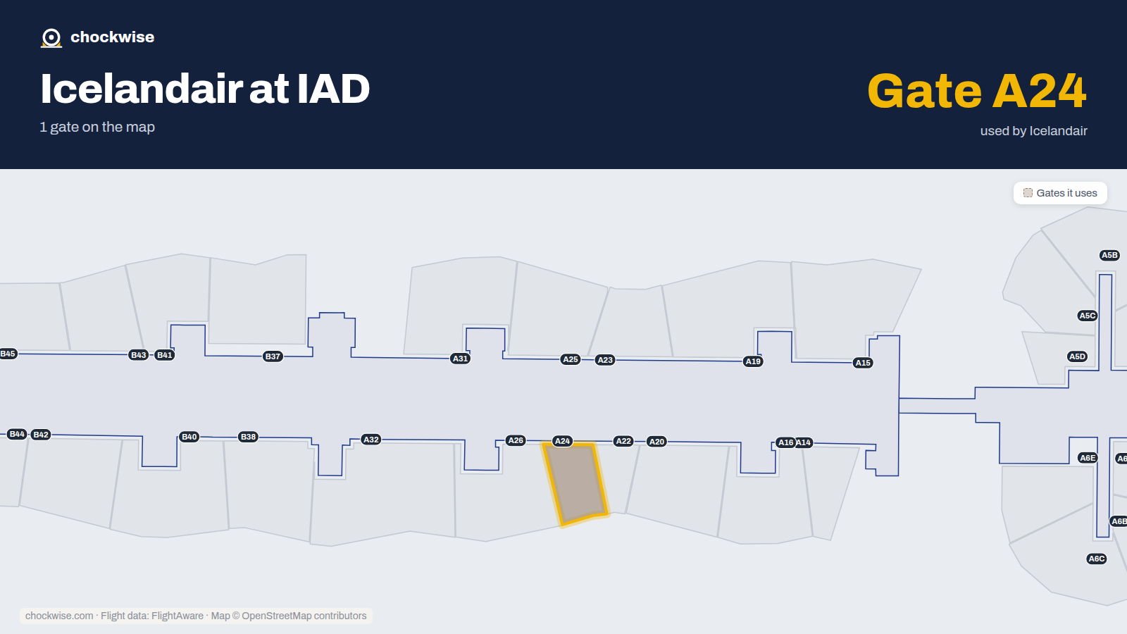Map of IAD with the gates Icelandair uses highlighted: A24.