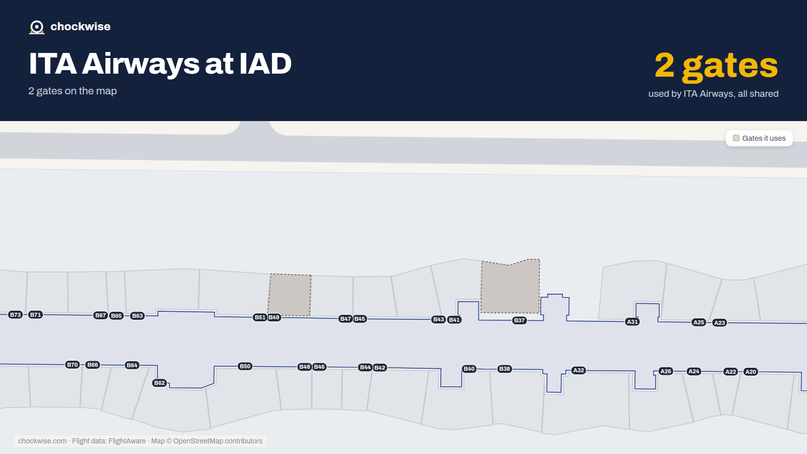 Map of IAD with the gates ITA Airways uses highlighted: B37 and B49.