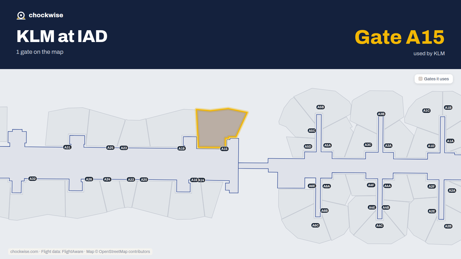 Map of IAD with the gates KLM uses highlighted: A15.