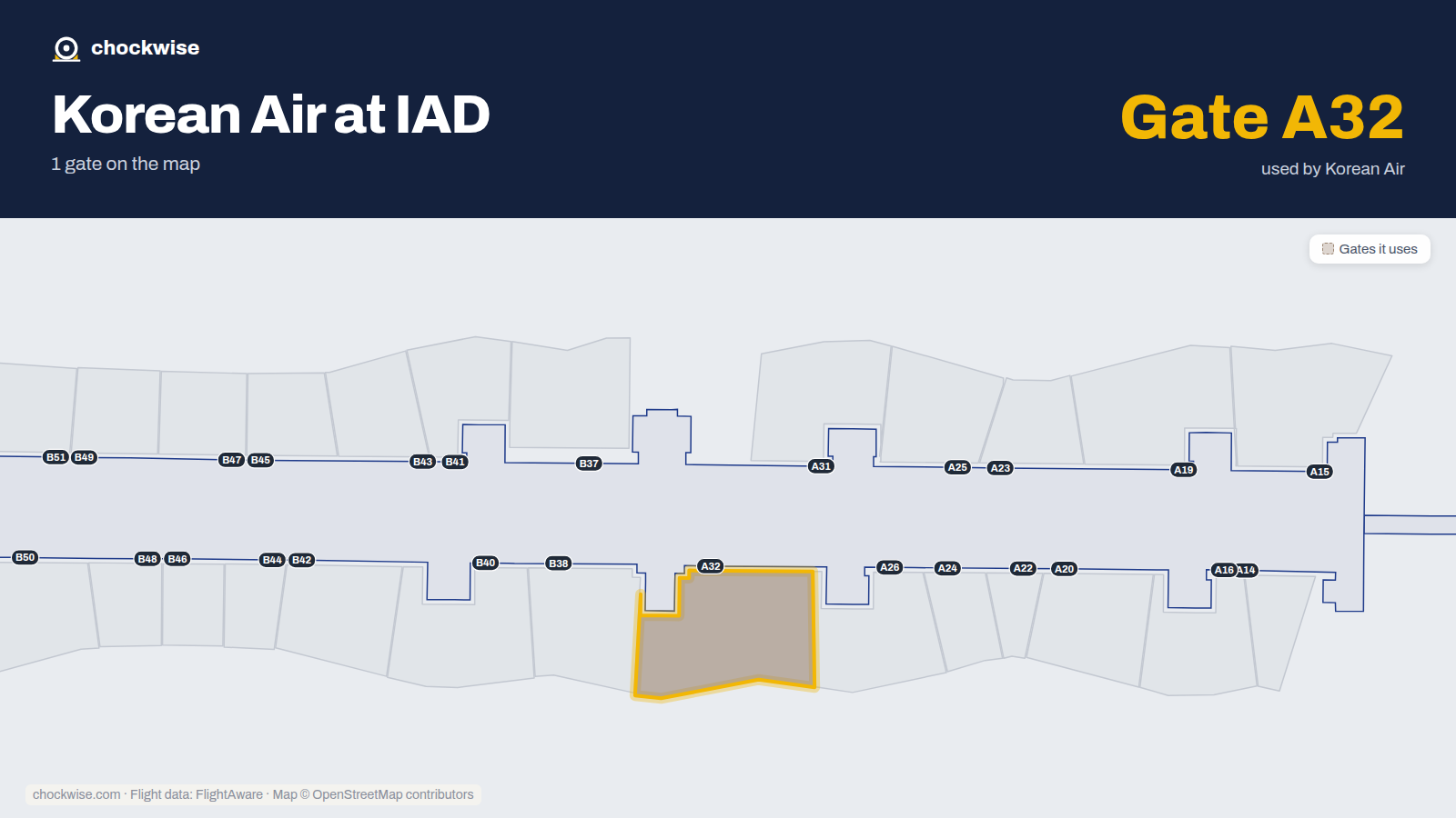 Map of IAD with the gates Korean Air uses highlighted: A32.
