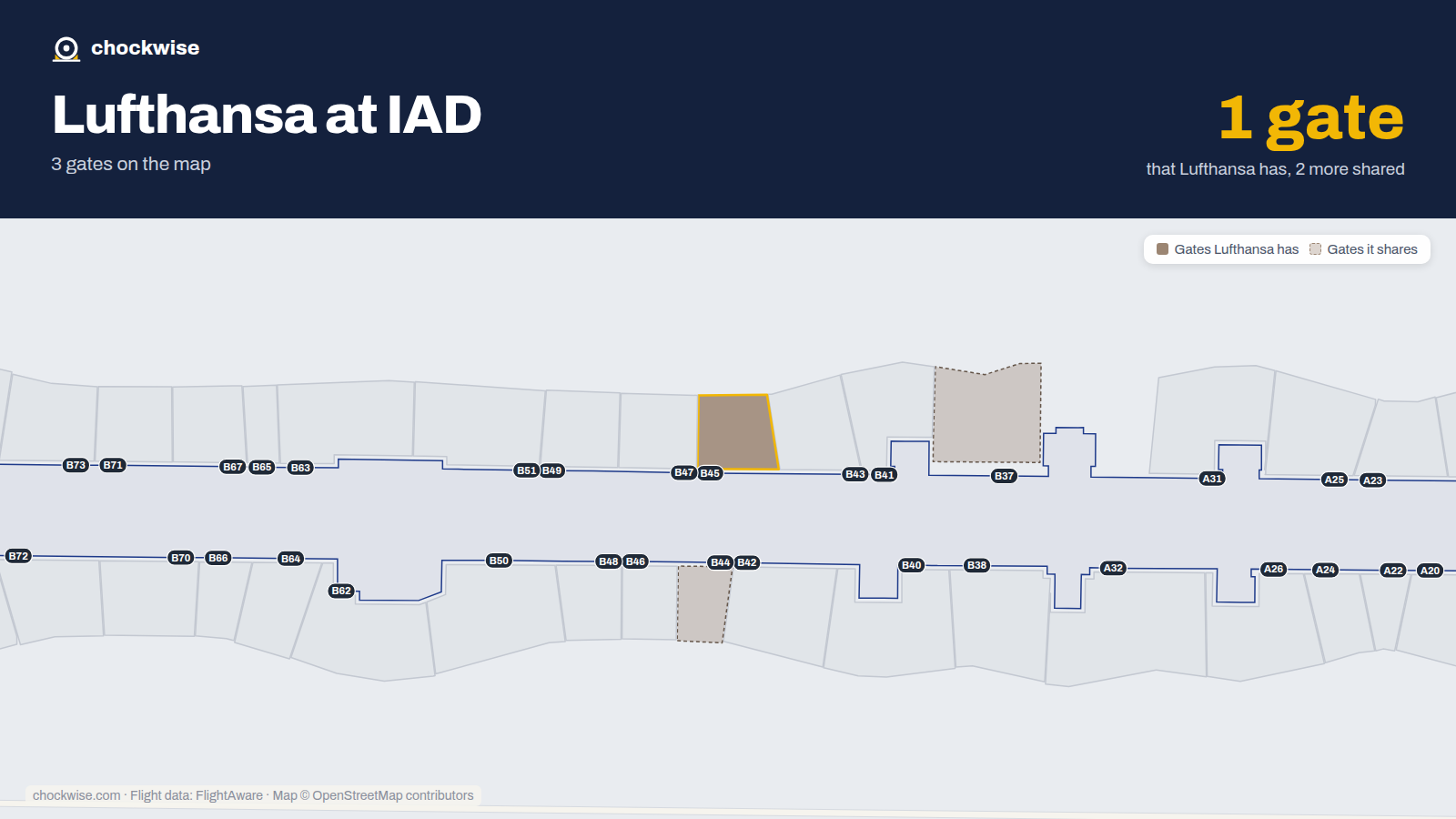 Map of IAD with the gates Lufthansa uses highlighted: B45.