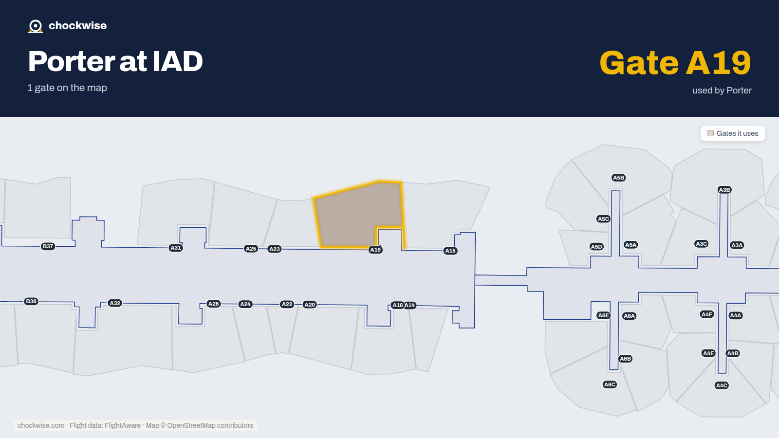 Map of IAD with the gates Porter Airlines uses highlighted: A19.