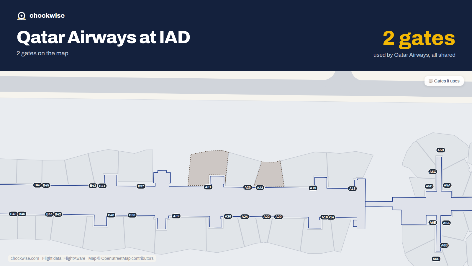 Map of IAD with the gates Qatar Airways uses highlighted: A23 and A31.