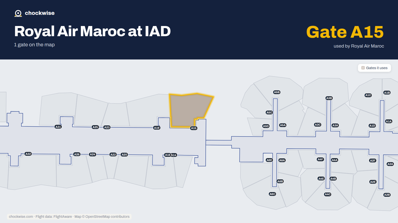Map of IAD with the gates Royal Air Maroc uses highlighted: A15.