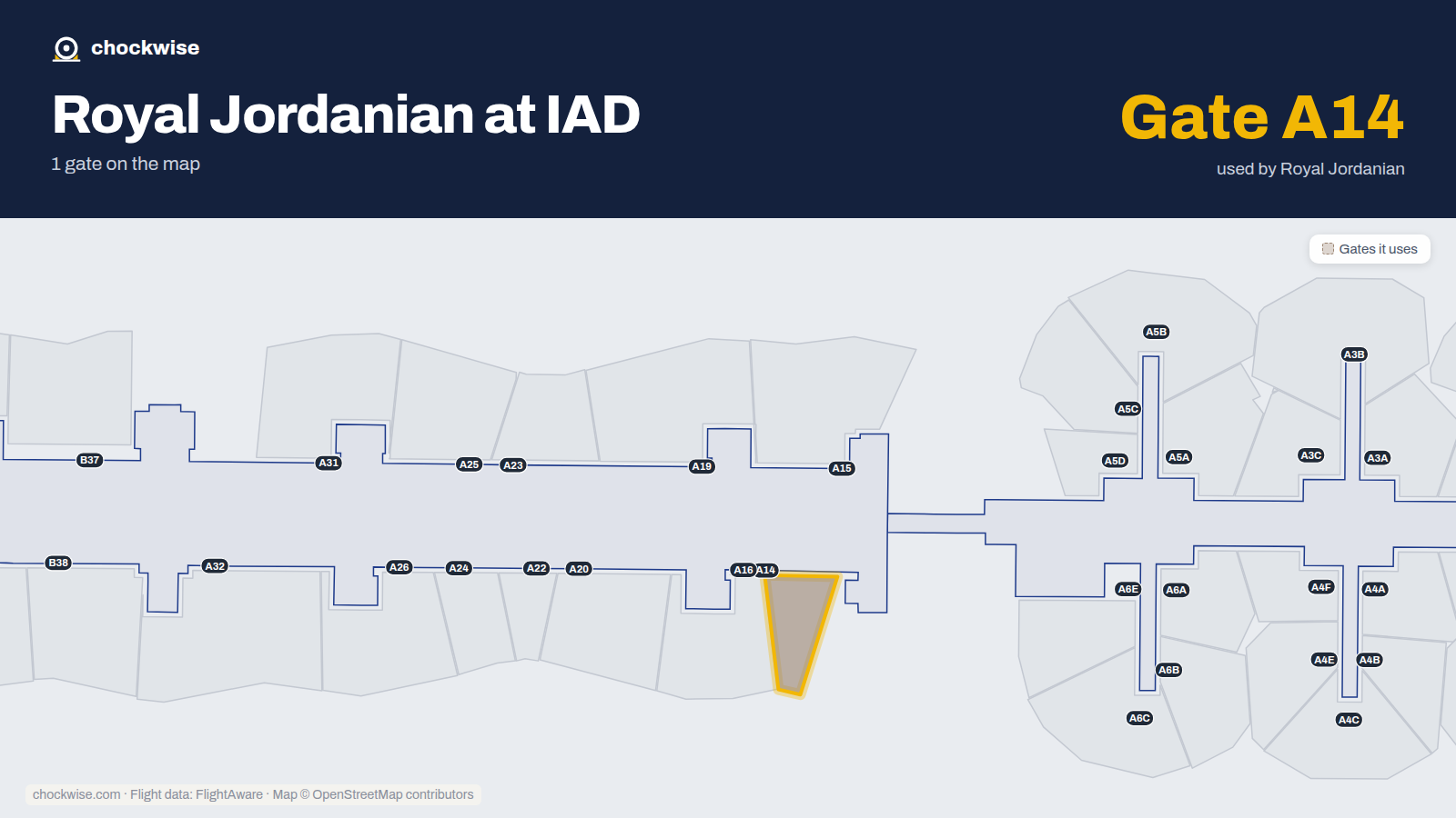 Map of IAD with the gates Royal Jordanian uses highlighted: A14.