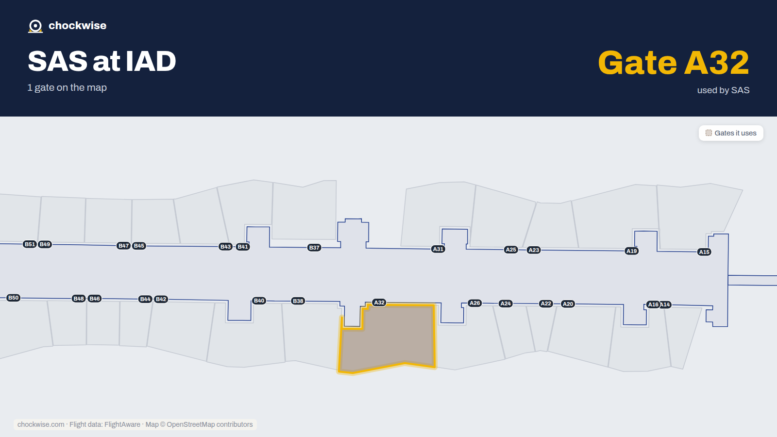 Map of IAD with the gates SAS Scandinavian Airlines uses highlighted: A32.