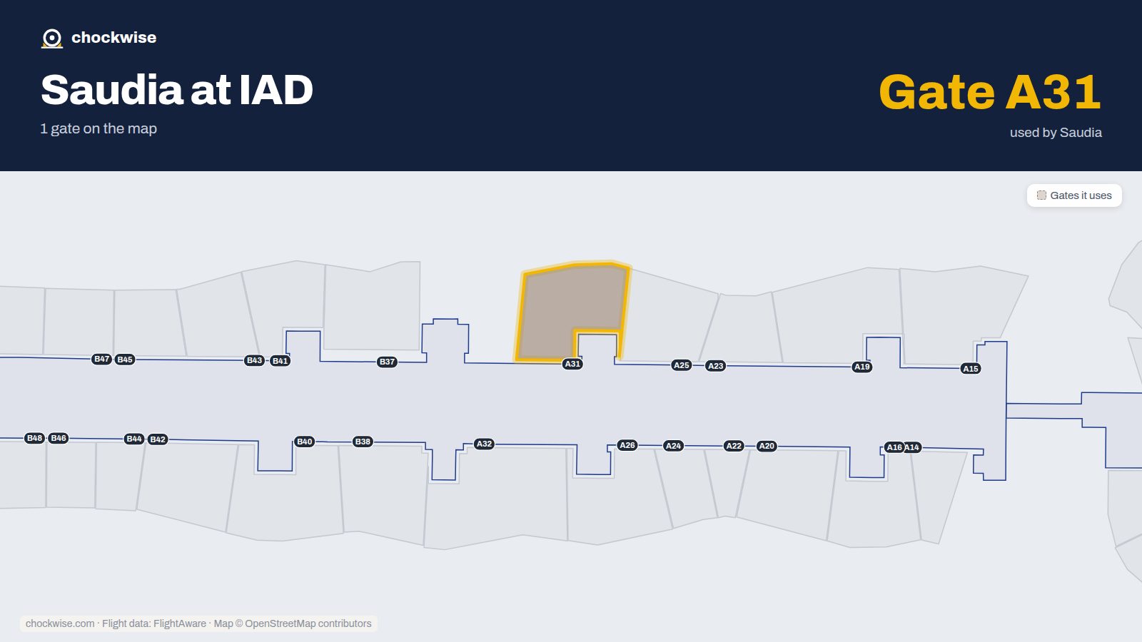 Map of IAD with the gates Saudia uses highlighted: A31.