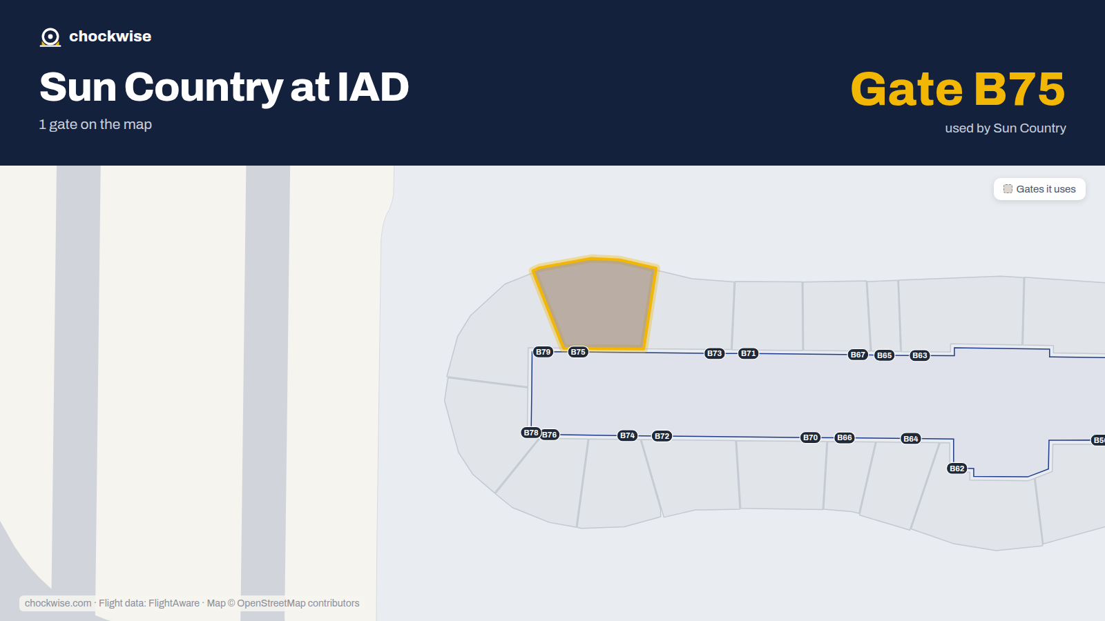 Map of IAD with the gates Sun Country Airlines uses highlighted: B75.