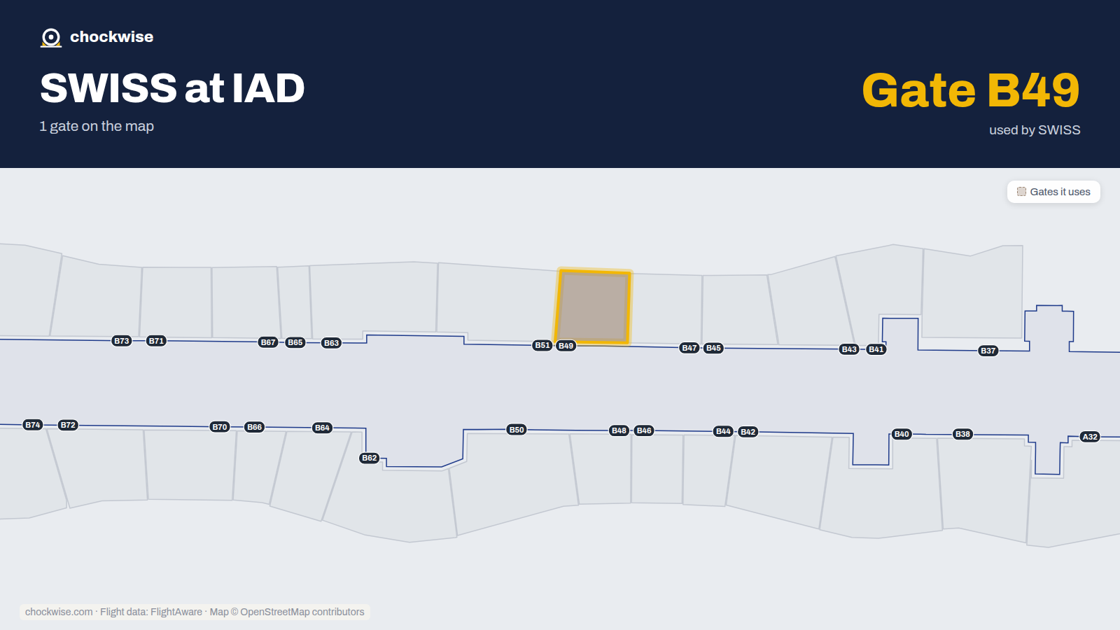 Map of IAD with the gates SWISS uses highlighted: B49.