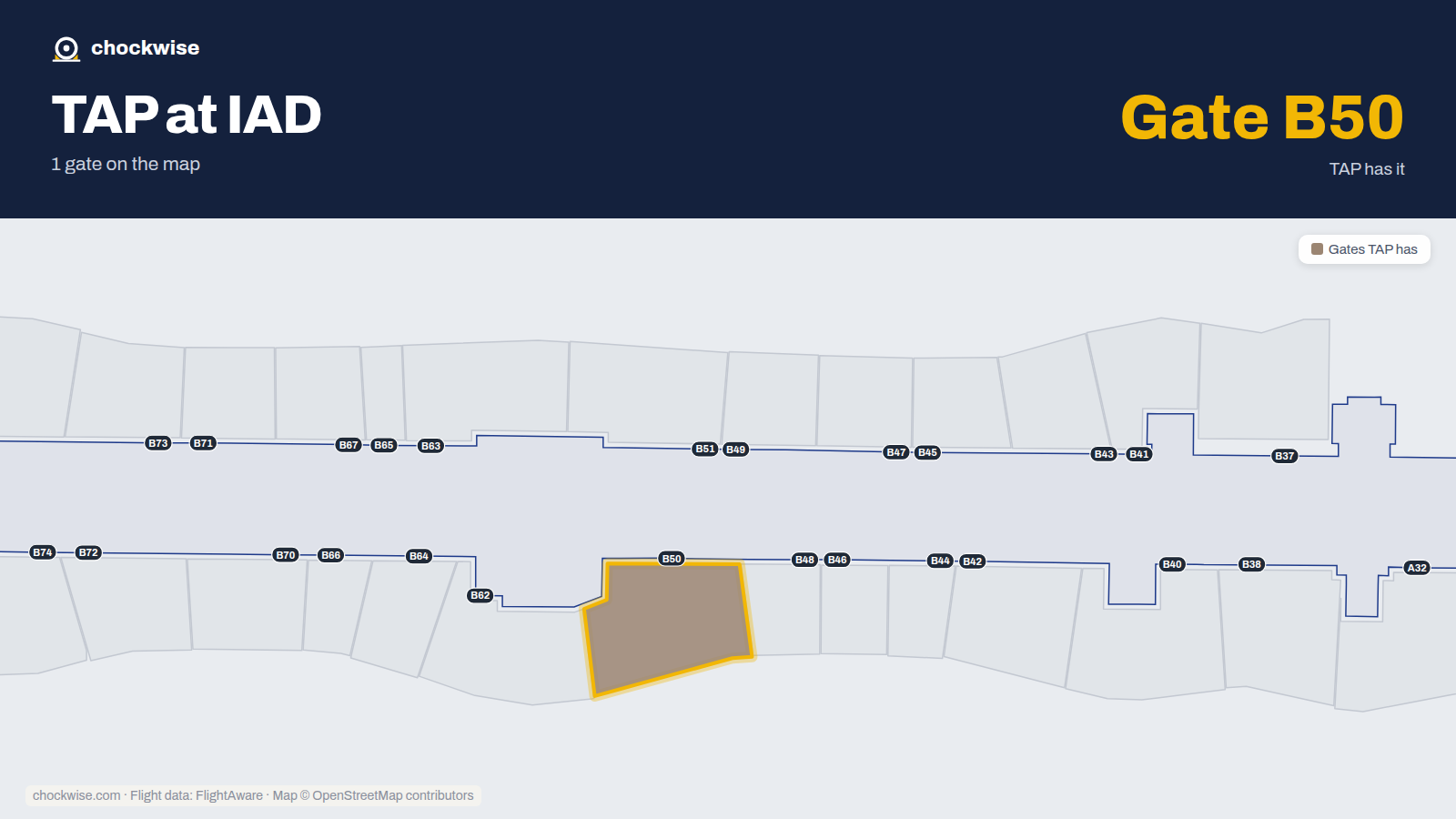 Map of IAD with the gates TAP Air Portugal uses highlighted: B50.
