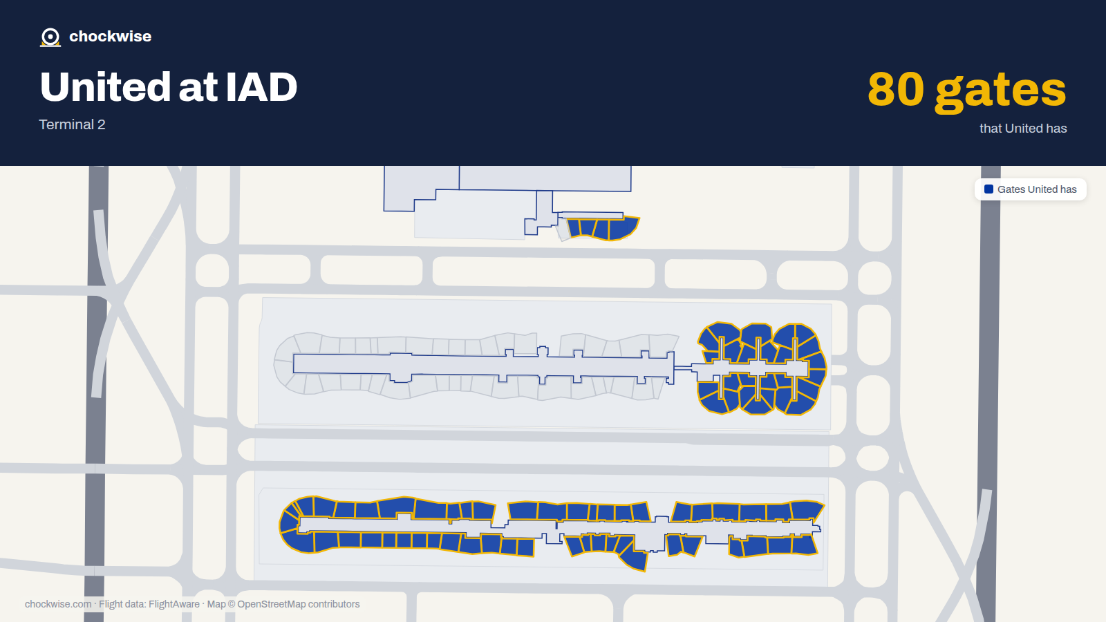 Map of IAD with the gates United Airlines uses highlighted: A1A, A1B, A1C, A1D, A1G, C1, D1, A2A and 72 more.