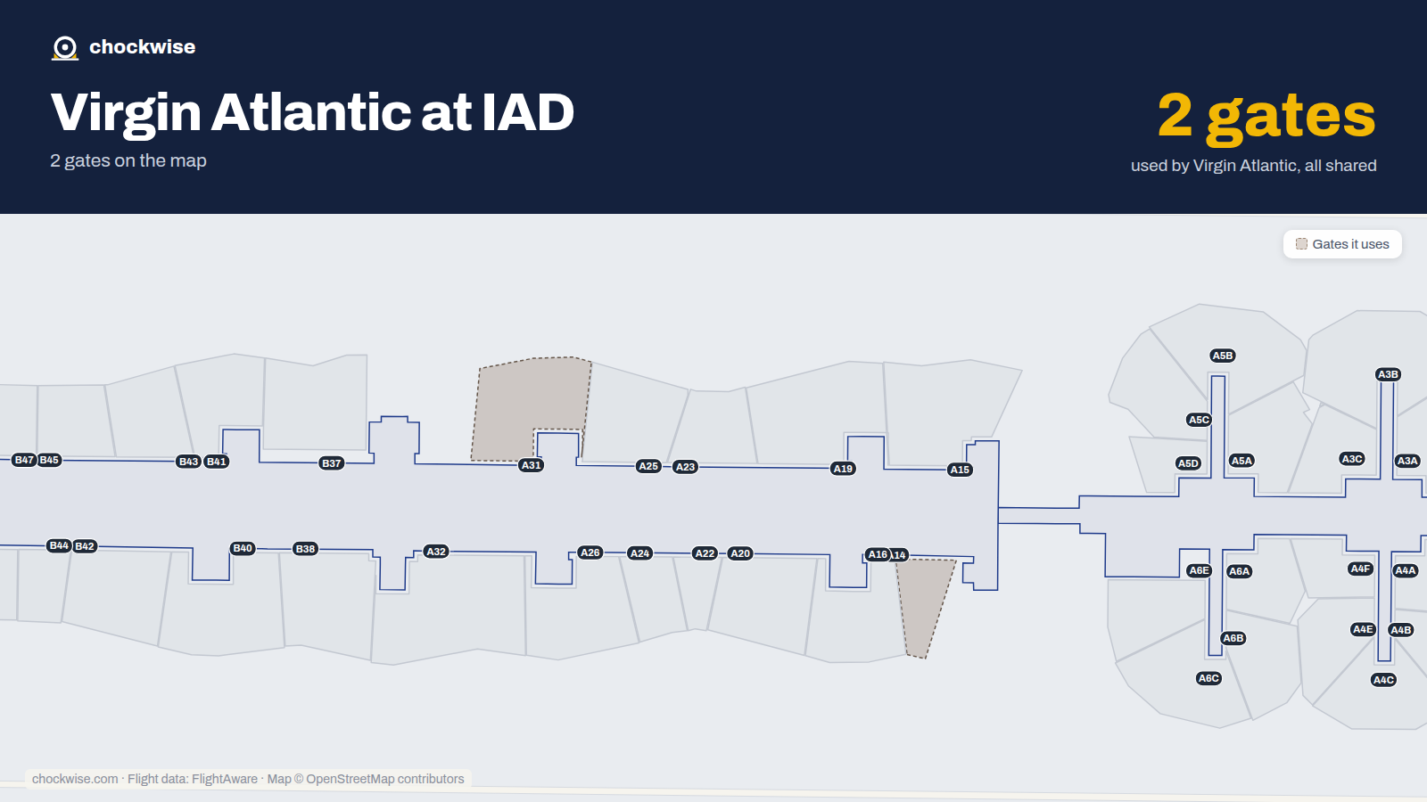 Map of IAD with the gates Virgin Atlantic uses highlighted: A14 and A31.