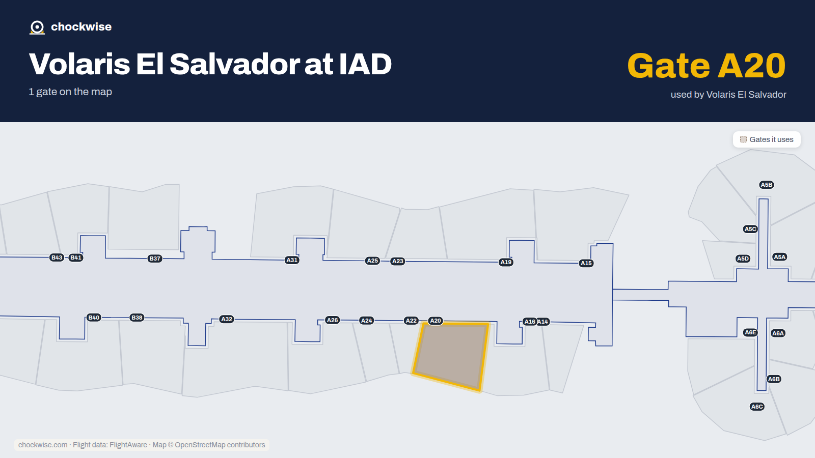 Map of IAD with the gates Volaris El Salvador uses highlighted: A20.