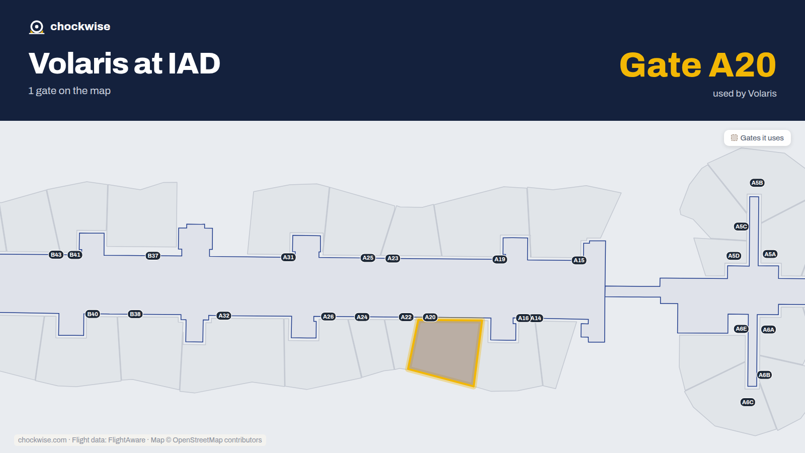 Map of IAD with the gates Volaris uses highlighted: A20.