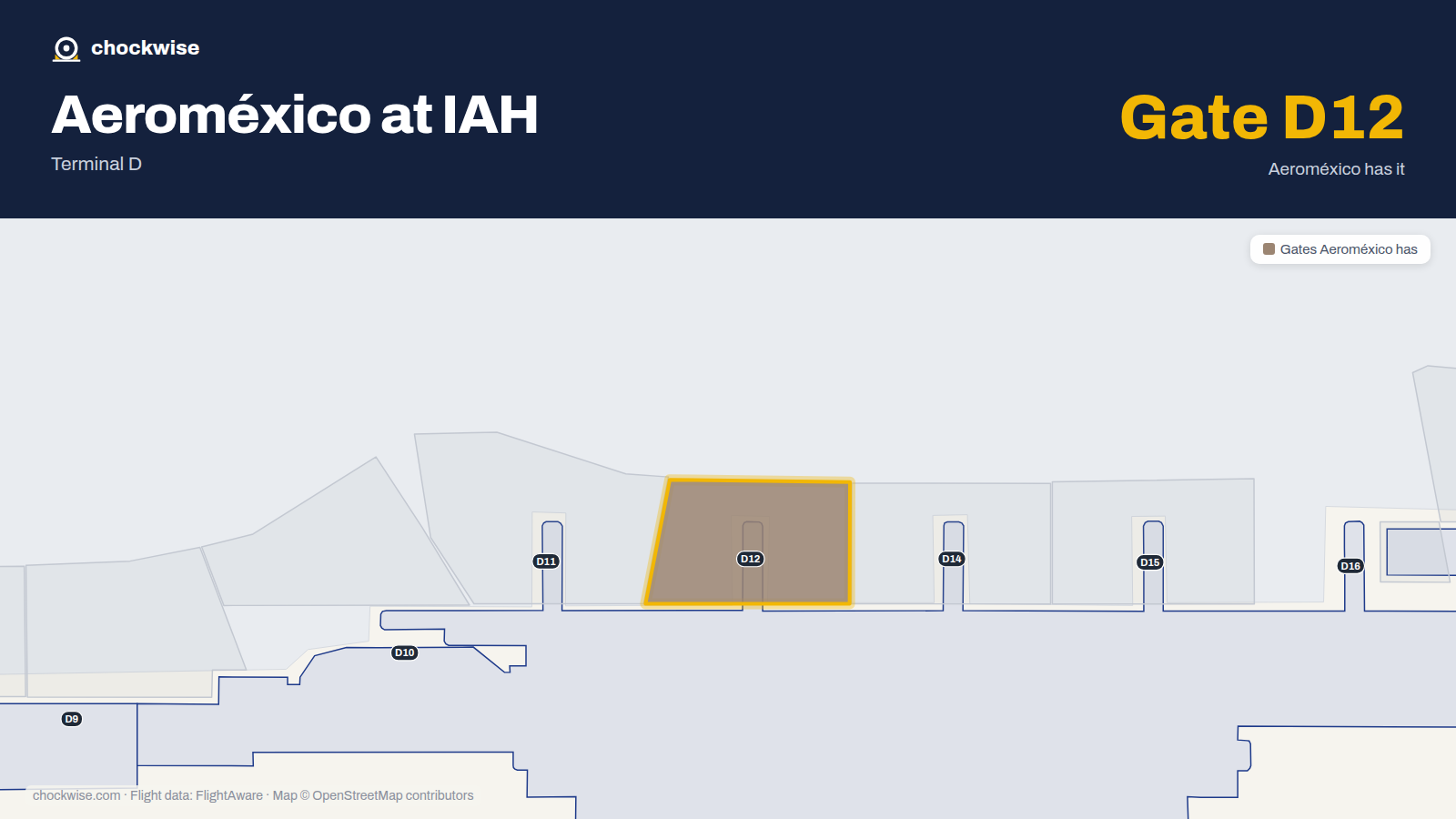 Map of IAH with the gates Aeroméxico uses highlighted: D12.