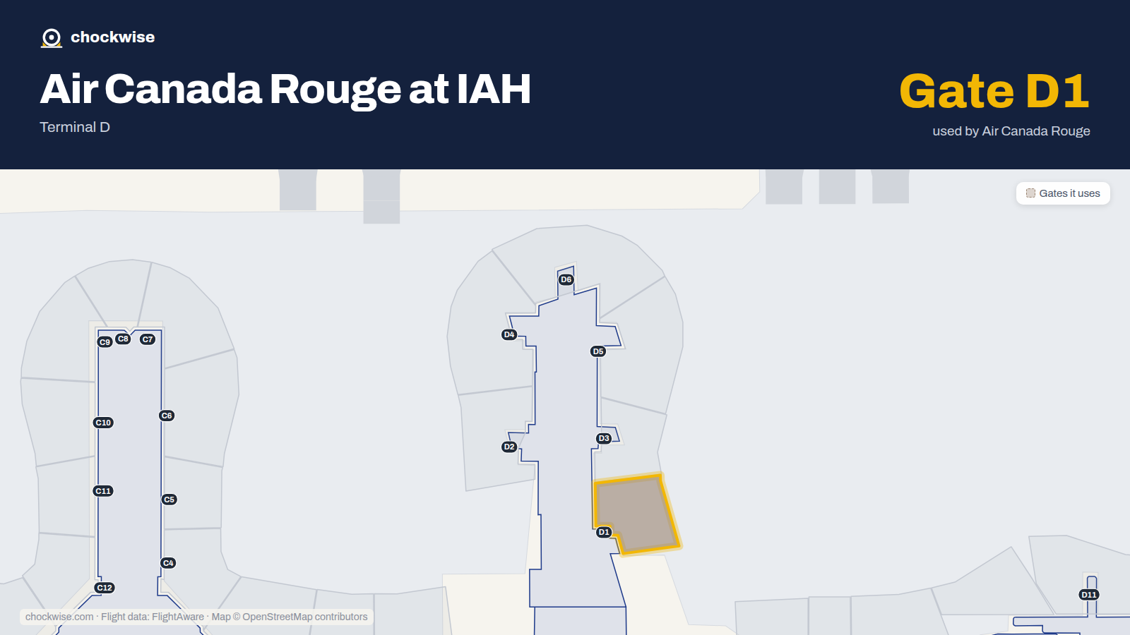 Map of IAH with the gates Air Canada Rouge uses highlighted: D1.