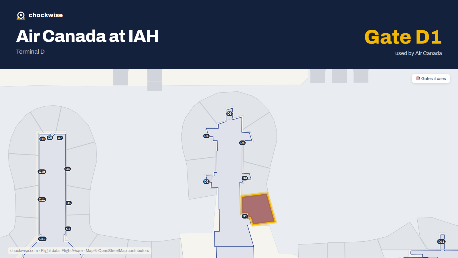 Map of IAH with the gates Air Canada uses highlighted: D1.