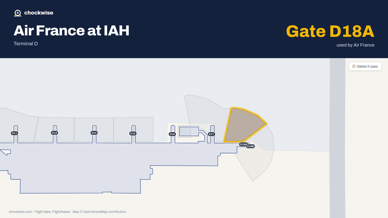 Map of IAH with the gates Air France uses highlighted: D18A.