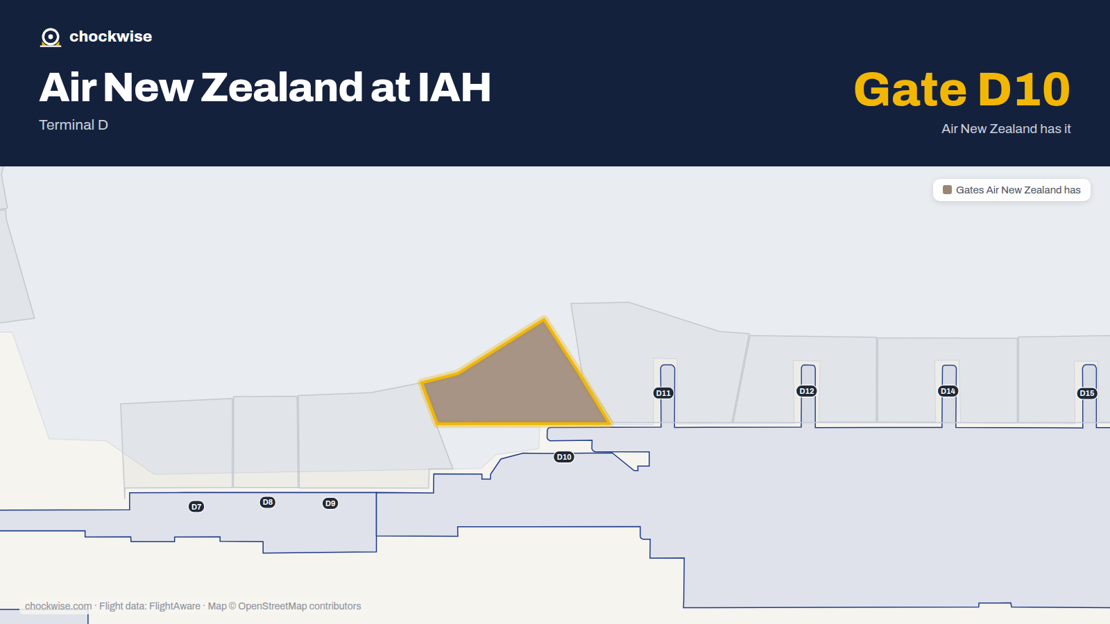 Map of IAH with the gates Air New Zealand uses highlighted: D10.