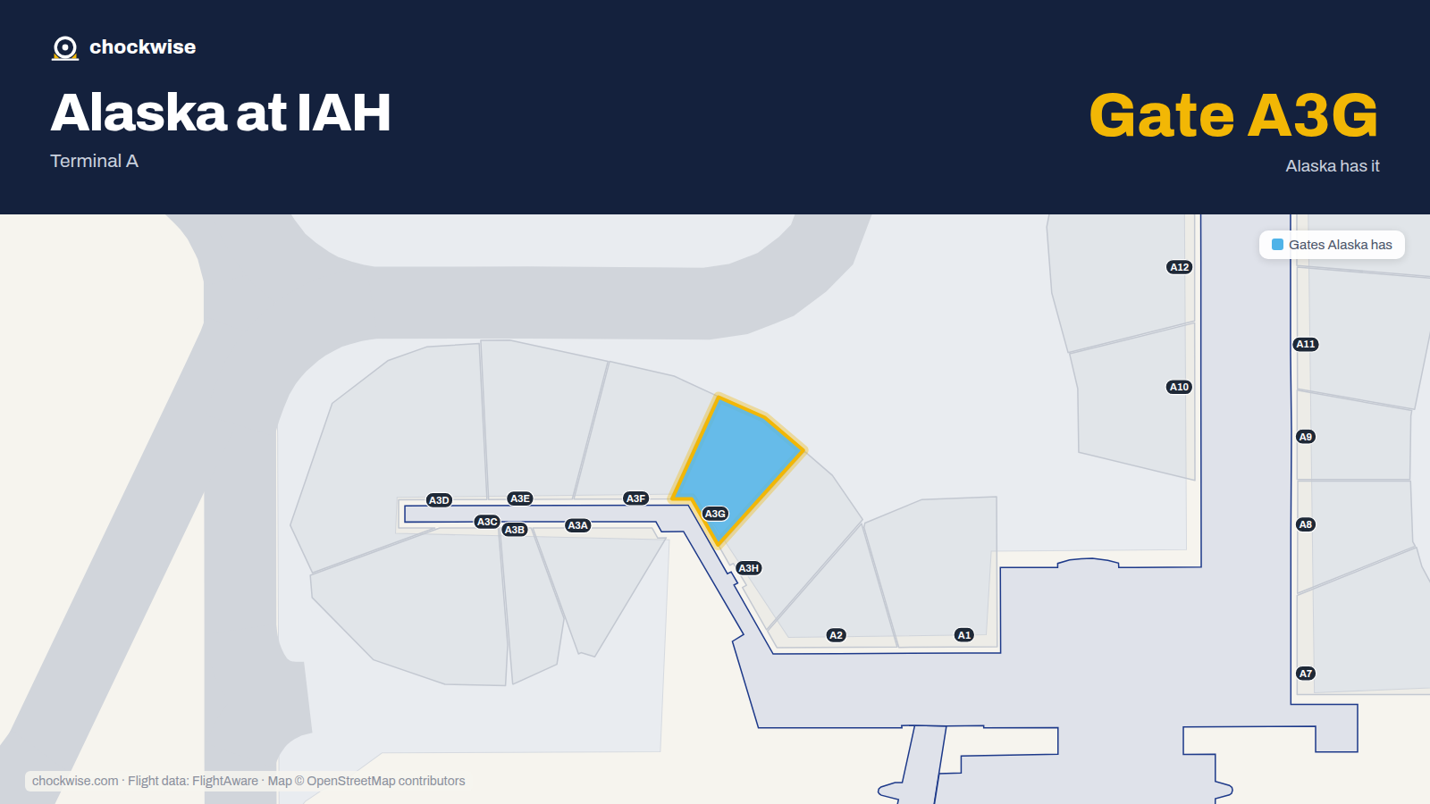 Map of IAH with the gates Alaska Airlines uses highlighted: A3G.