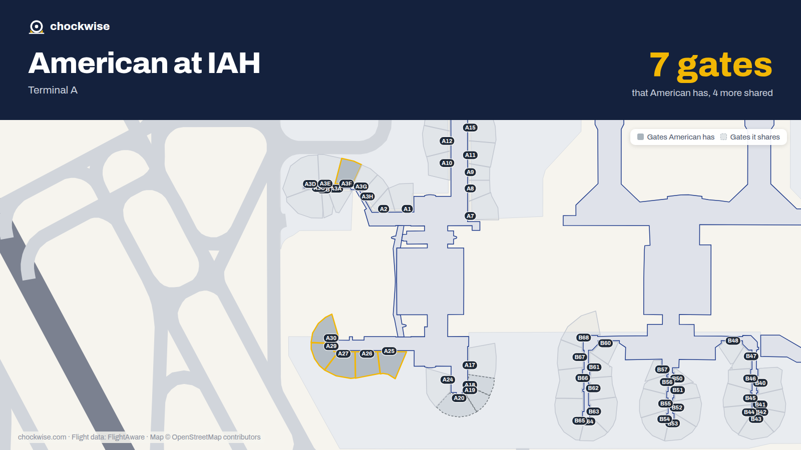 Map of IAH with the gates American Airlines uses highlighted: A3F, A25, A26, A27, A29 and A30.