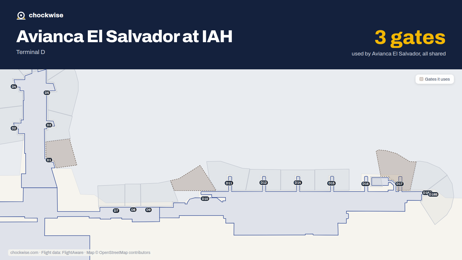 Map of IAH with the gates Avianca El Salvador uses highlighted: D1, D10 and D17.