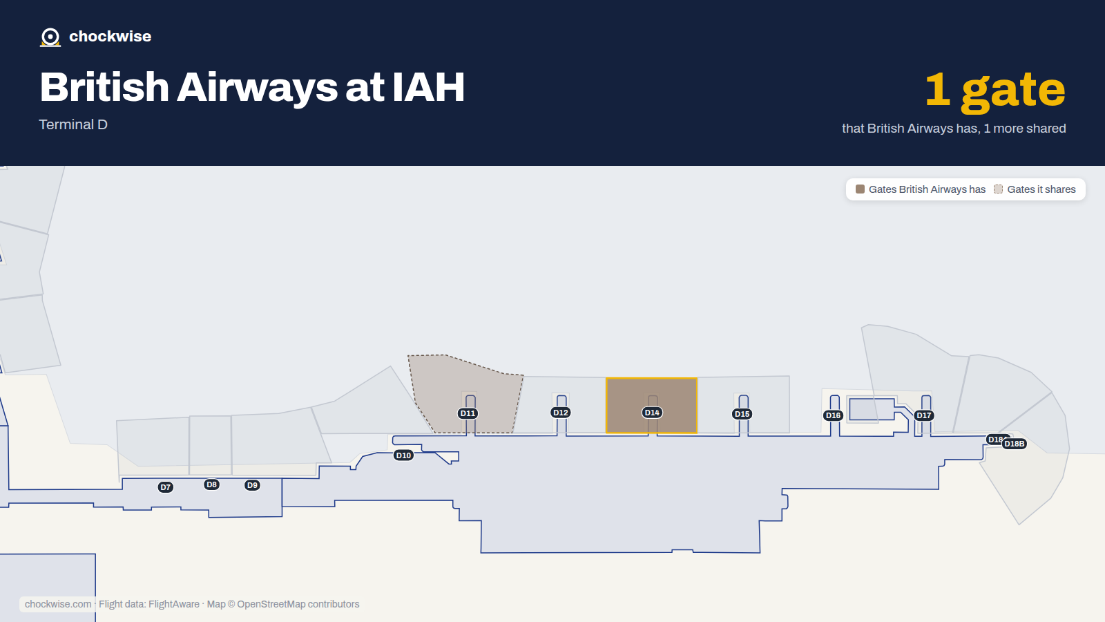 Map of IAH with the gates British Airways uses highlighted: D14.