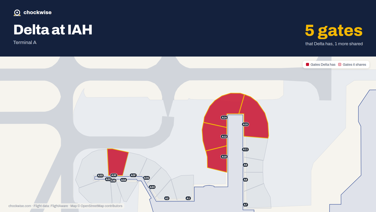 Map of IAH with the gates Delta Air Lines uses highlighted: A3E, A10, A12, A14 and A15.