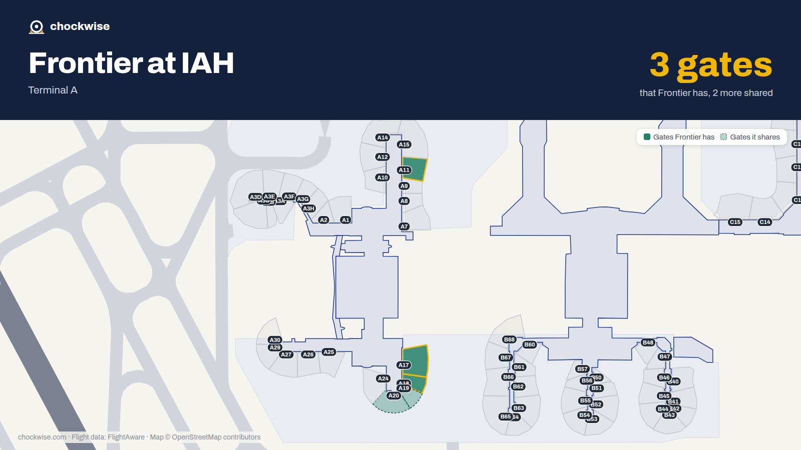 Map of IAH with the gates Frontier Airlines uses highlighted: A11, A17 and A18.