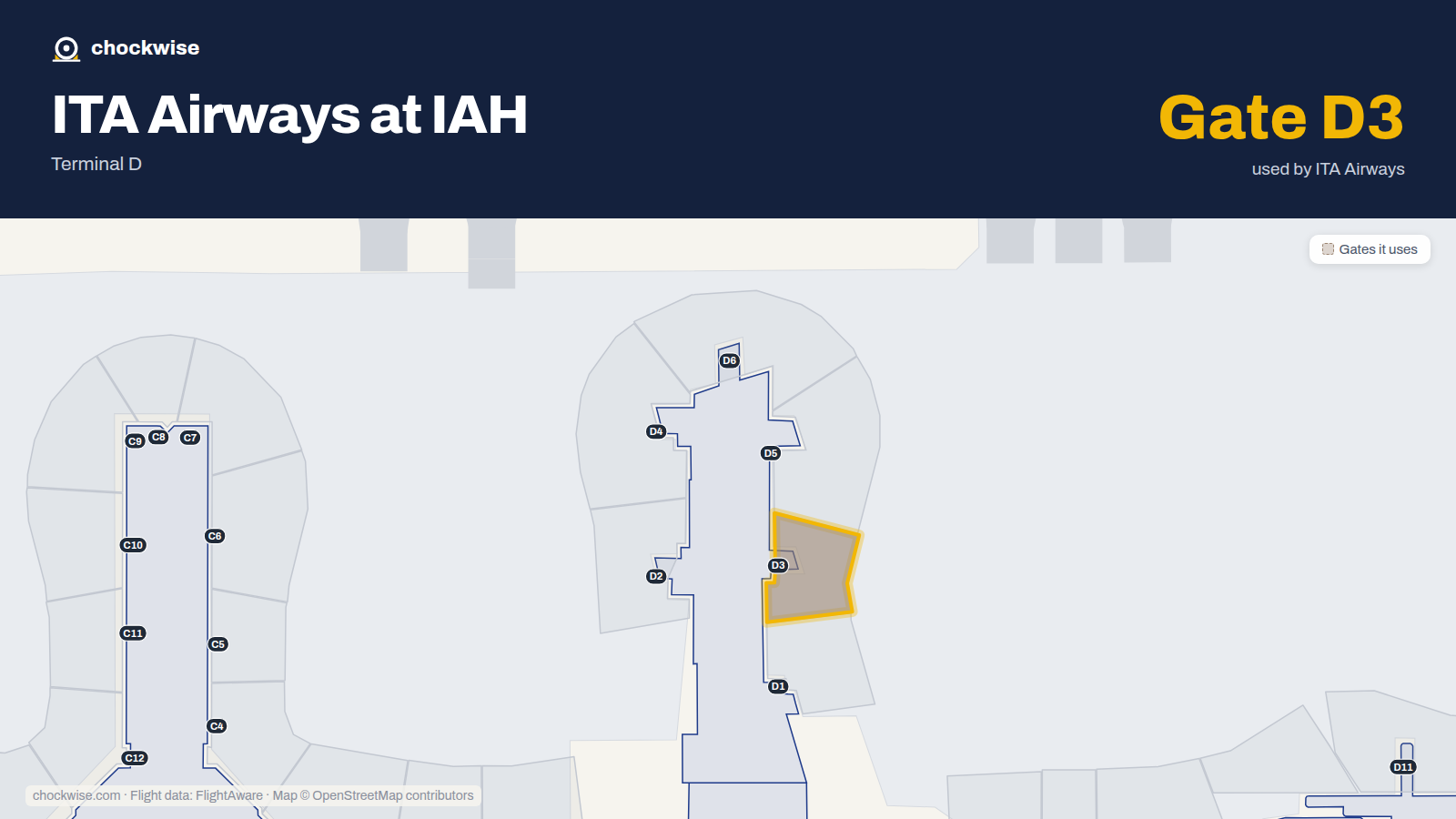 Map of IAH with the gates ITA Airways uses highlighted: D3.