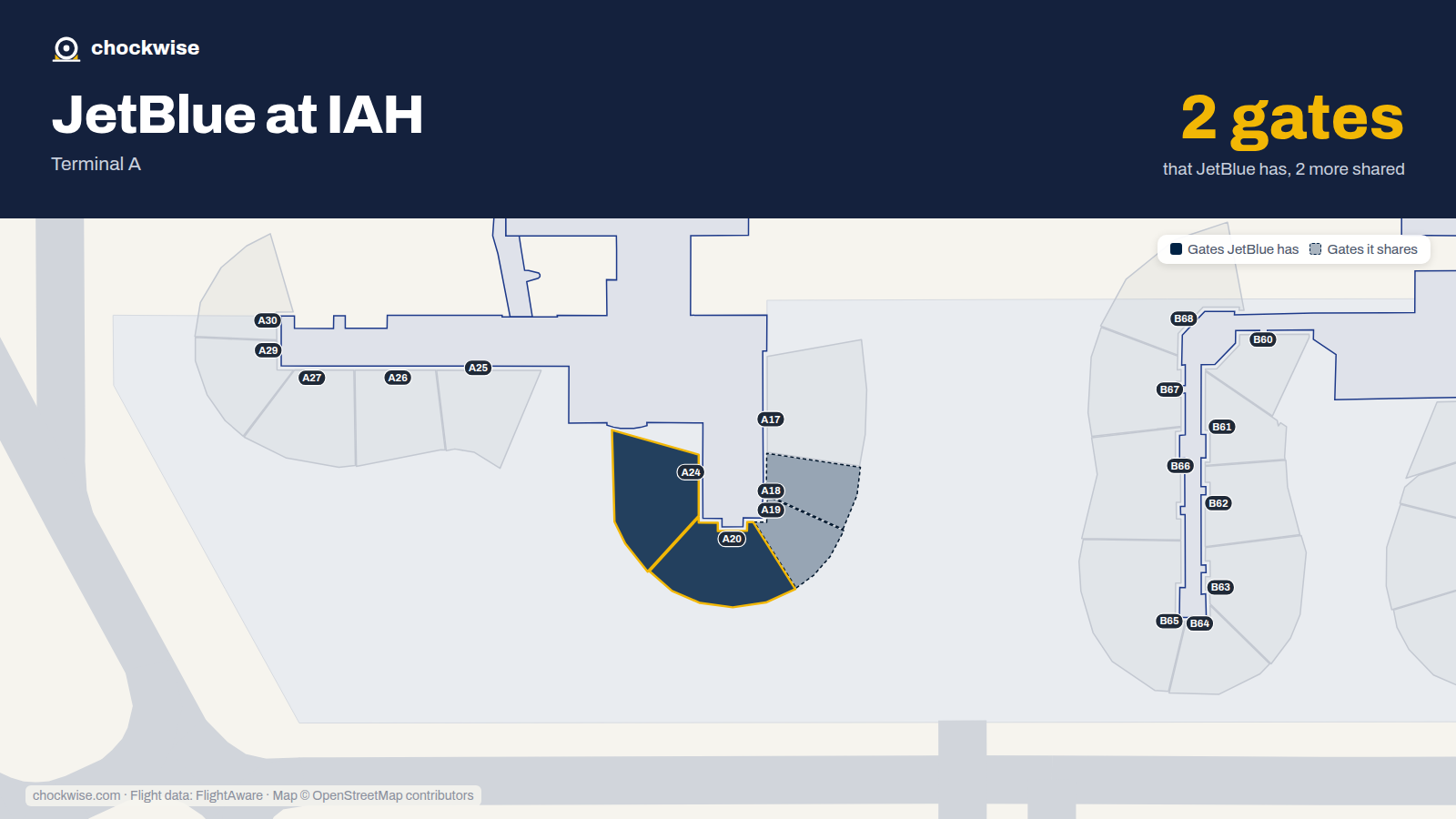 Map of IAH with the gates JetBlue uses highlighted: A20 and A24.