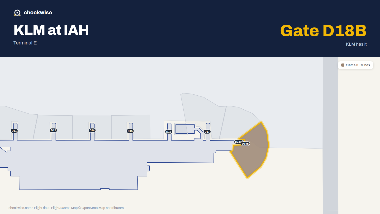 Map of IAH with the gates KLM uses highlighted: D18B.