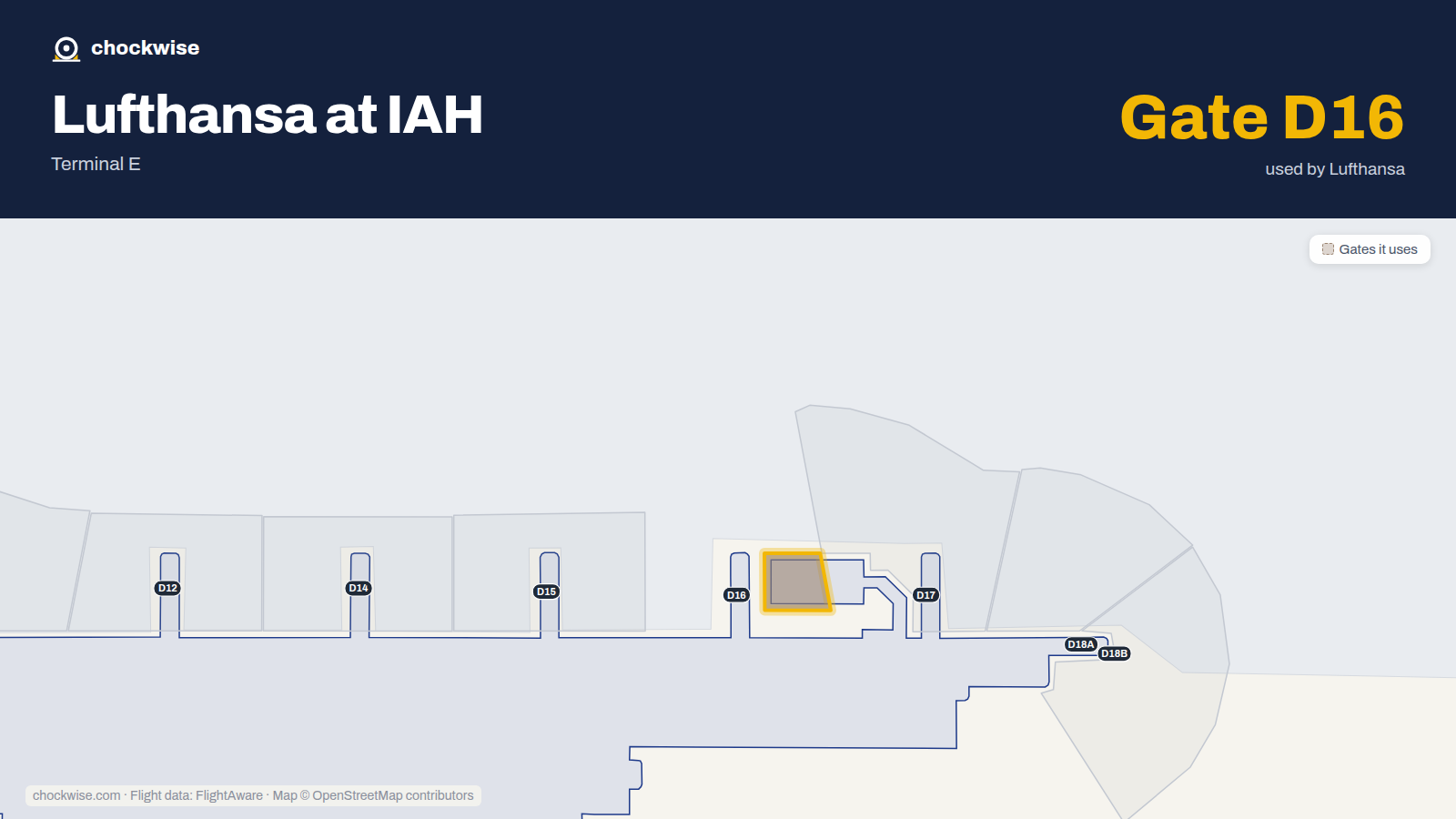 Map of IAH with the gates Lufthansa uses highlighted: D16.