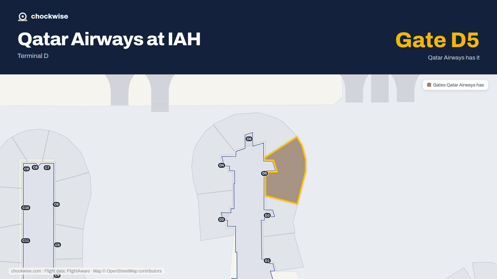 Map of IAH with the gates Qatar Airways uses highlighted: D5.