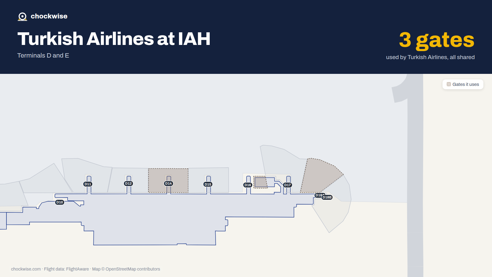 Map of IAH with the gates Turkish Airlines uses highlighted: D14, D16 and D18A.