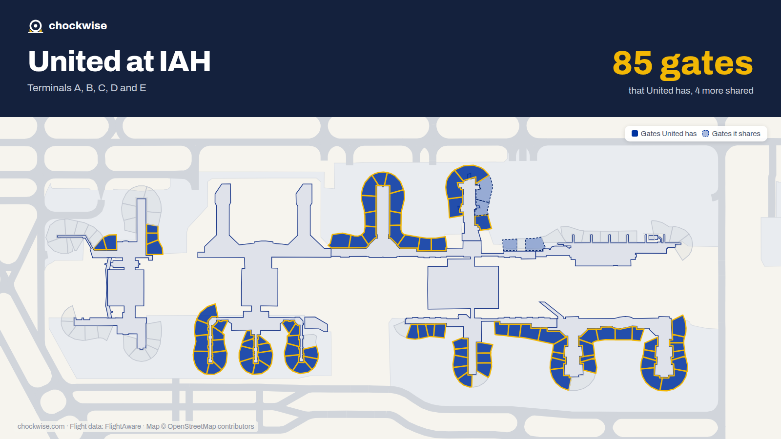 Map of IAH with the gates United Airlines uses highlighted: A1, C1, D1, E1, A2, C2, D2, E2 and 77 more.