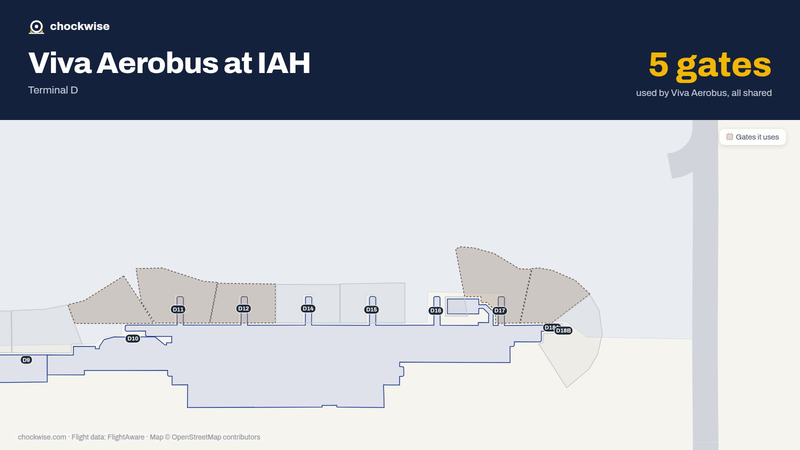 Map of IAH with the gates Viva Aerobus uses highlighted: D10, D11, D12, D17 and D18A.