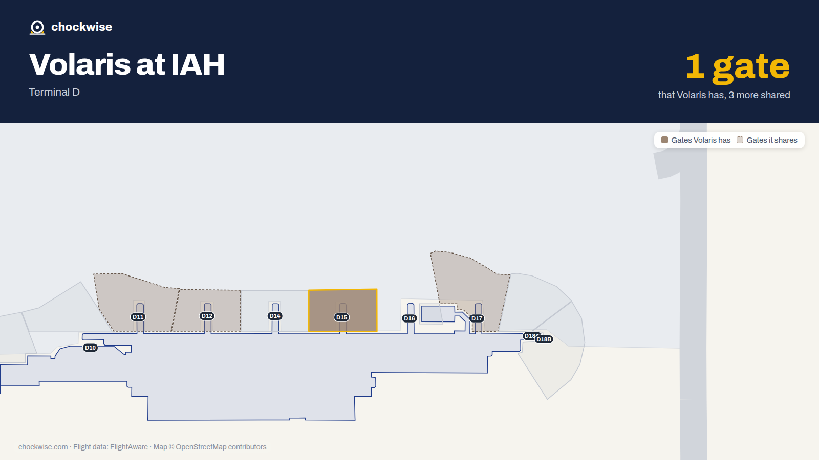 Map of IAH with the gates Volaris uses highlighted: D15.
